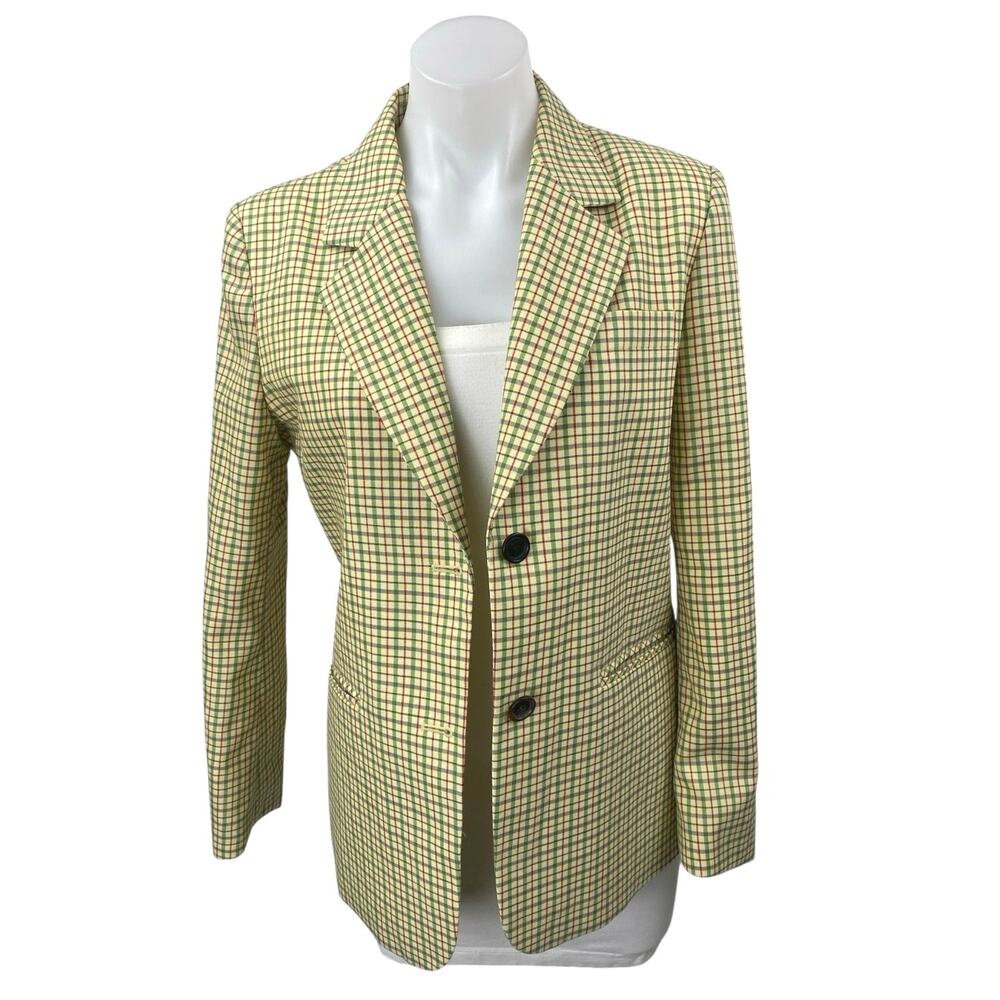 oh L 100% Wool Multicolor Plaid Check Button Long Sleeve Blazer Coat Jacket Sz S